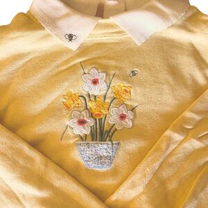 Warm Yellow Crew Neck Sweater with Floral Embroidery